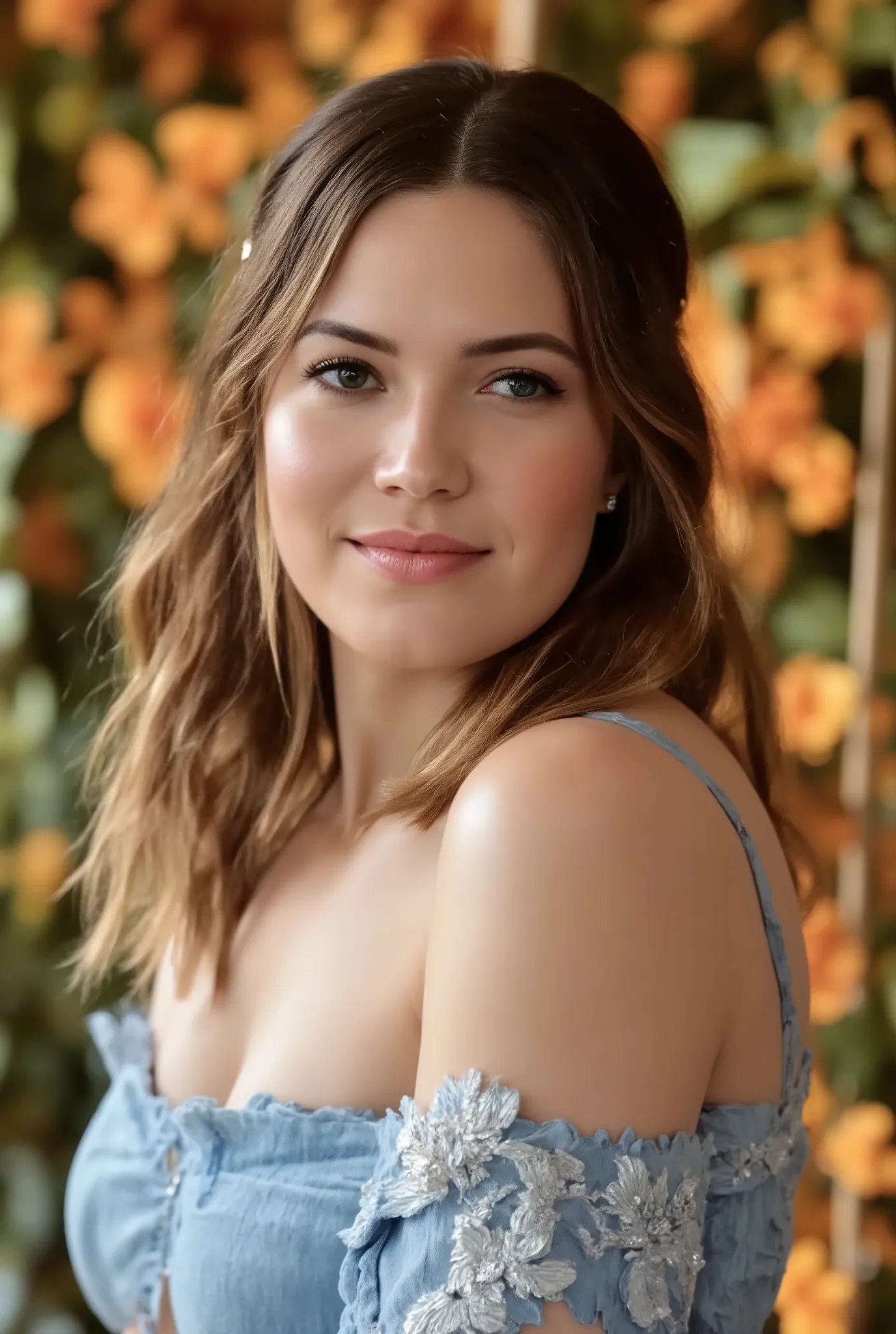 best quality, highres, 8k, masterpiece, photography, detailed midbody photorealistic portrait. Mandy Moore embodies a winter fairy tale in an ice blue chiffon babydoll with intricate silver embroidery, flowing sheer cape sleeves, and a high-slit skirt that...