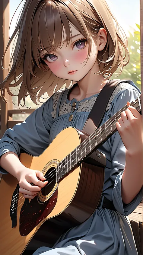 ((Masterpiece, best quality, highest resolution, high resolution, photorealistic, raw photo, extremely detailed CG integrated 8k wallpaper))A highly realistic close-up of a cute age girl with delicate hands strumming an acoustic guitar with deep concentrat...