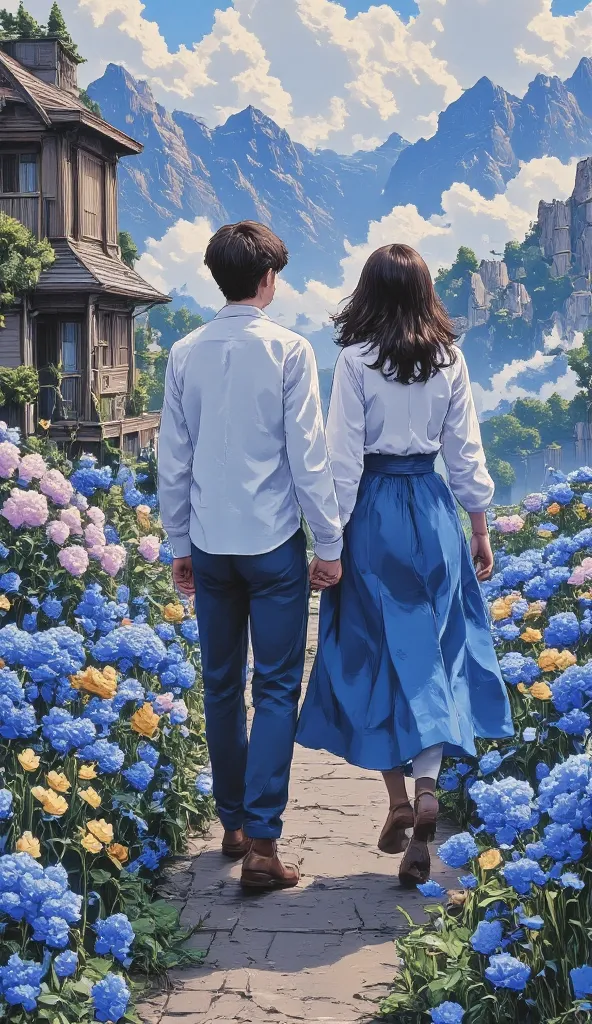 "A young couple wearing white shirts, walking hand in hand through a vast field of vibrant blue flowers. The scene is dreamy and slightly painterly, with warm golden light illuminating the horizon. The flowers sway gently in the breeze, creating a serene a...