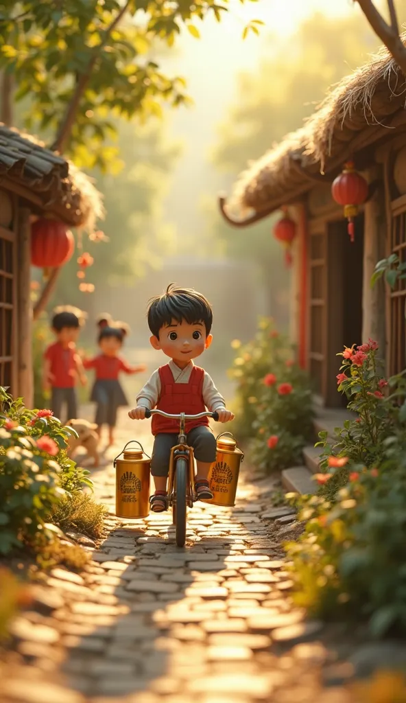 "Create a stunningly detailed miniature village scene filled with joy and harmony, where tiny people live happily in a charming rural setting. A young boy wearing traditional attire rides a small bicycle along a cobblestone path, balancing golden milk cans...