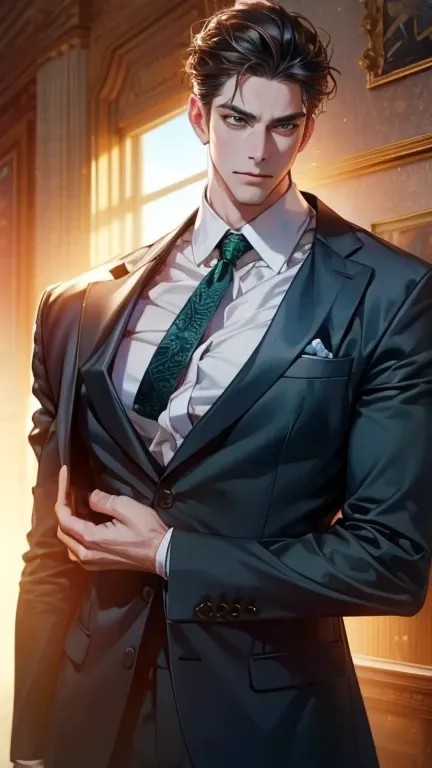 (  best quality,4K,8k,   highres,  masterpiece :1.2),  breasts  ,(Realistic,photoRealistic,photo-Realistic:1.37),36-year-old man,3 day beard,Beautiful anime,Portraits,strong,masculine,      with dark hair  ,sharp jaw,       mesmerizing green eyes   ,    pe...