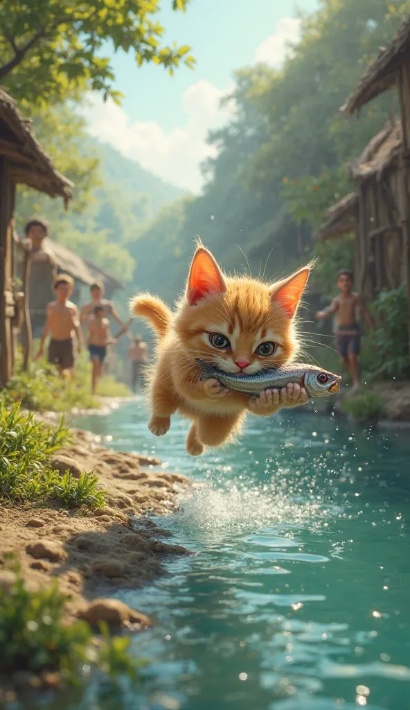 A cute little cat is stealing fish from the river and running away while people are running after him with sticks.