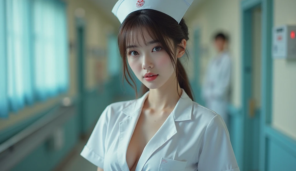 ((Japanese nurse)), (((stockings ))), , ((nurse uniform with deep cleavage, patrially unbattoned revealing hot bra)), , in the hospital, , very ditailed eyes,looking to the viewer, full lips, glossy lips((( huge breasts, hot stockings ))) ((( long legs in ...