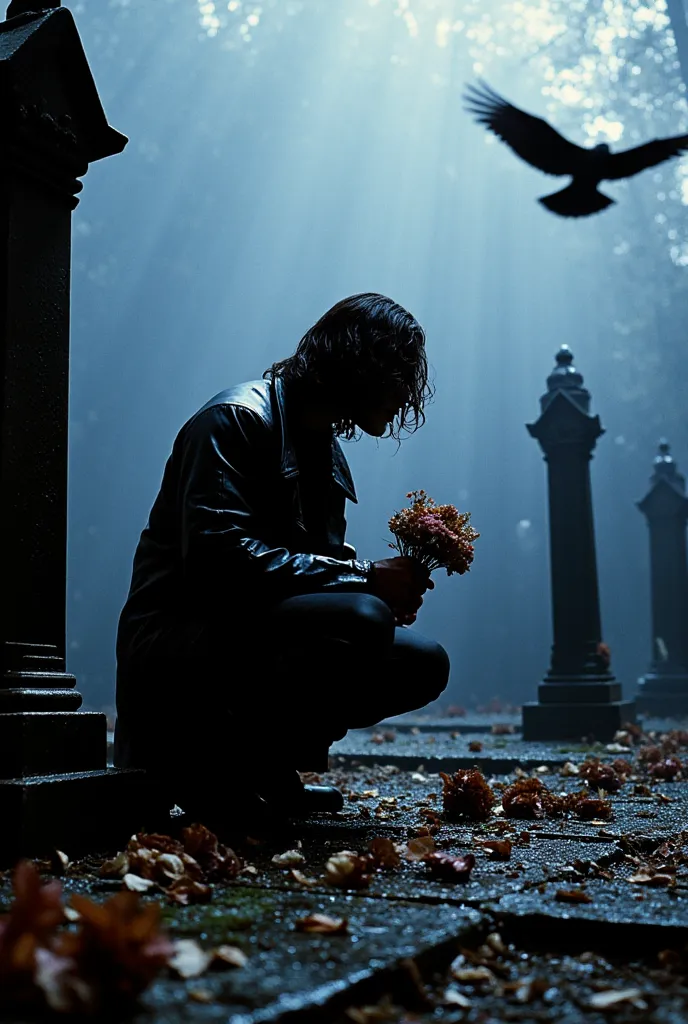 Brandon Lee, Eric Draven sitting near Graves, cemetery, a Crow flying around , crounch position, With flowers in hand