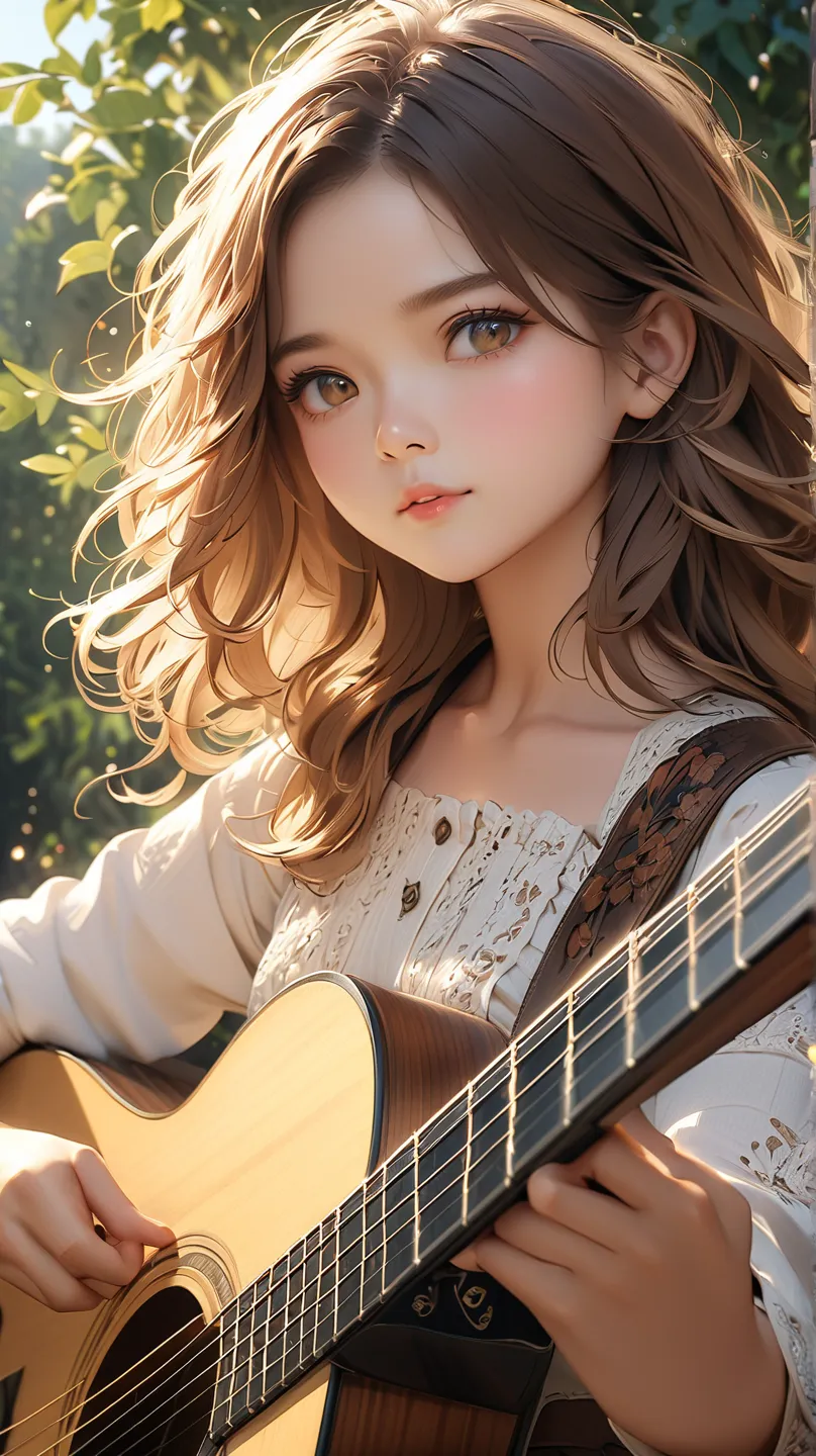 ((Masterpiece, best quality, highest resolution, high resolution, photorealistic, raw photo, extremely detailed CG integrated 8k wallpaper))A highly realistic close-up of a cute age girl with delicate hands strumming an acoustic guitar with deep concentrat...