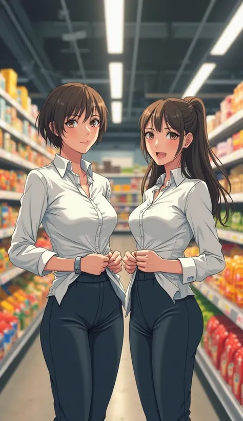 Two japanese business girls in a super market untucking their shirt, wearing dress shirt under a sweater, shirt's tail hanging out , 