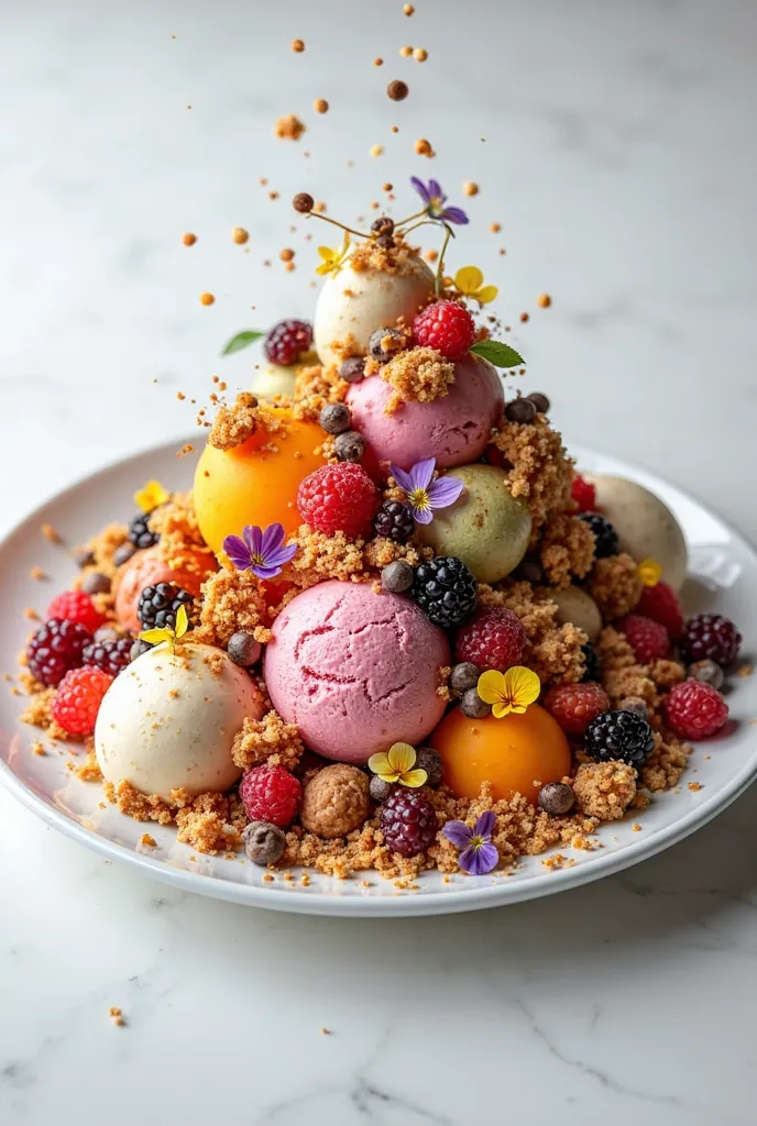 Another sample of dessert plating that is overcrowded on the plate, not a tower type 