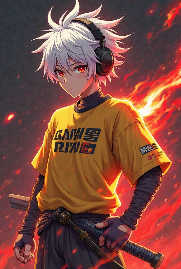 bing image gaming logo later :- anime logo,  male, white hair wearing headphones, holding a katana with a red aura effect, wearing a yellow esports shirt, on the shirt there is the word "SAMI YT" with flames burning,