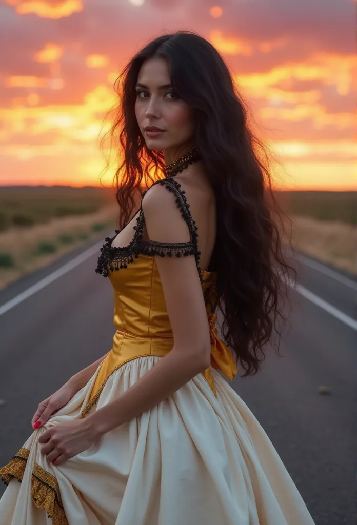  A woman with long hair , black and wavy. She wears a golden-yellow bodice with black lace details and a long round white skirt, period clothing, with golden-yellow and black ruffles on the edge. The woman holds the skirt with her hands, slightly lifting i...