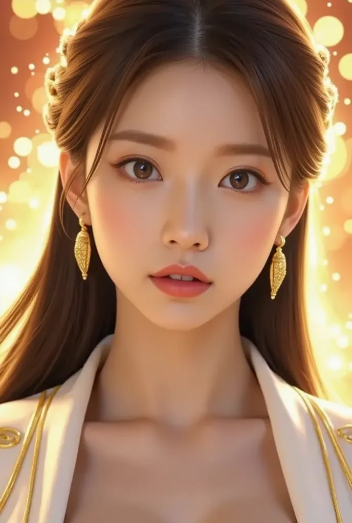 A close-up of Erika as Amaterasu, with the sunlight shining directly on her face. Her expression is serene yet powerful, radiating the warmth and light of the sun. The golden accents on her white robe glow softly, and the ethereal aura around her shoulders...