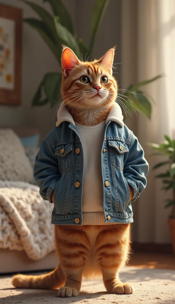 cat standing, wear denim and t shirt, background inside home home