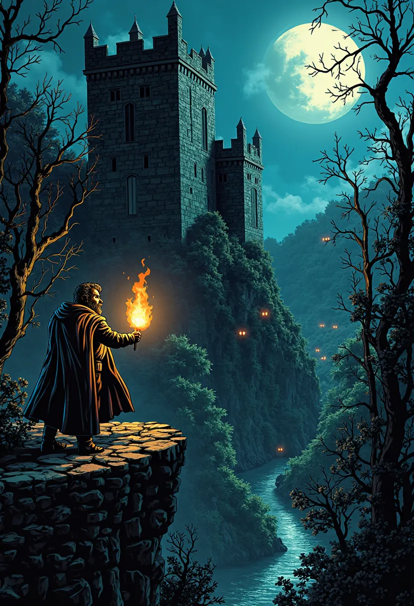 American comics, The comic is presented in several irregular panels with colors. The style is exaggerated and detailed. dark night, full moon illuminates an ancient medieval castle (2nd century d .c.) surrounded by a dense forest. On the horizon, glowing e...