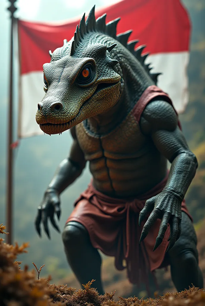 a menacing komodo dragon with body of human wearing a traditional clothes of Indonesia representing mongolia with a Indonesia flag in a pole in the background