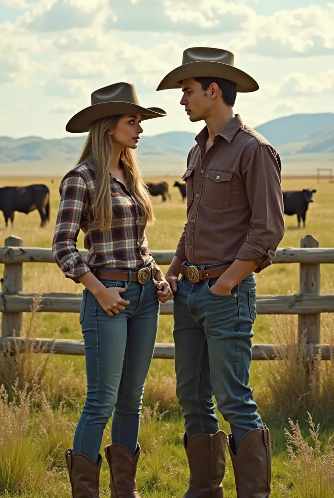 A large plot of land and grass where in the background you can have cattle and a dividing fence, You can see in front a beautiful woman dressed as a cowboy in front of a young man dressed as a cowboy