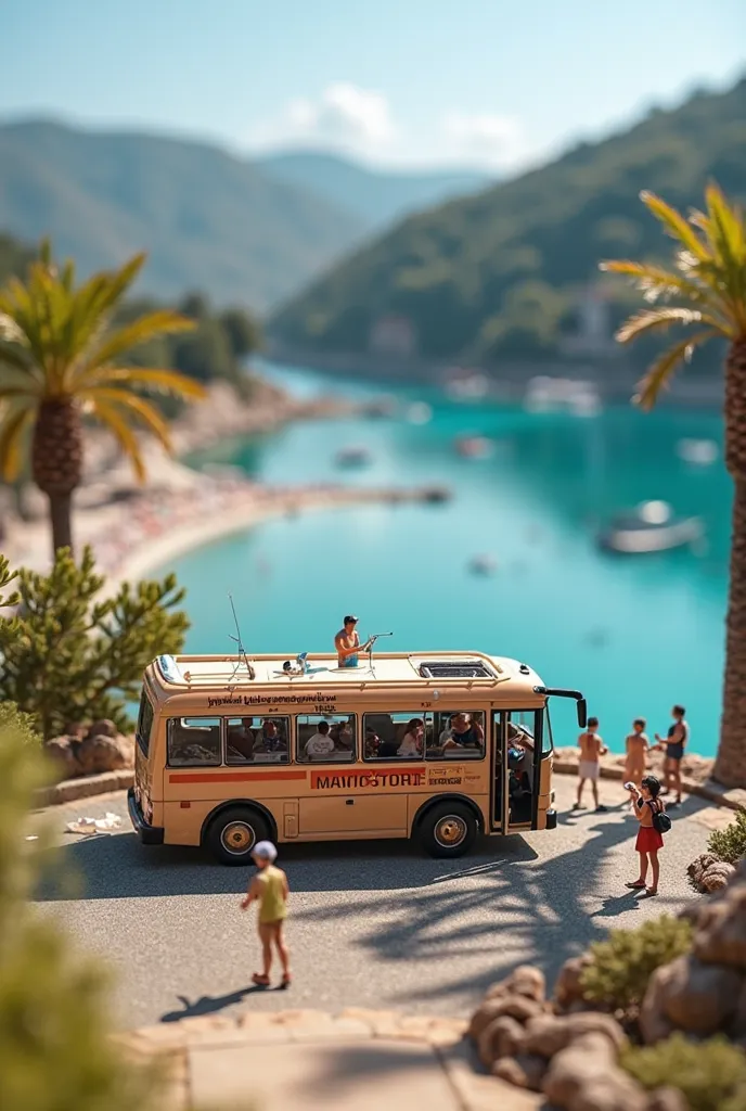 "A studio photo of miniature people walking around a tour bus with 'MANIA STORE' written on the side, set against the stunning backdrop of Fethiye. The tiny people, dressed in casual summer clothing, are exploring the bus, taking photos, and admiring the b...