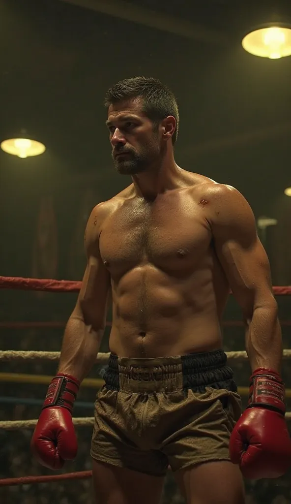 Inside a dimly lit boxing ring, Father Stu, identical to Mark Wahlberg in the movie Father Stu, wears worn-out gloves and a ragged training shorts. His face is covered in sweat and dried blood, eyes locked on his opponent. The gym’s atmosphere is tense, wi...