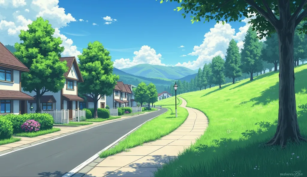 a pathway next to a road with houses to the left and grass and trees to the right in a modern suburb, no people, anime style image