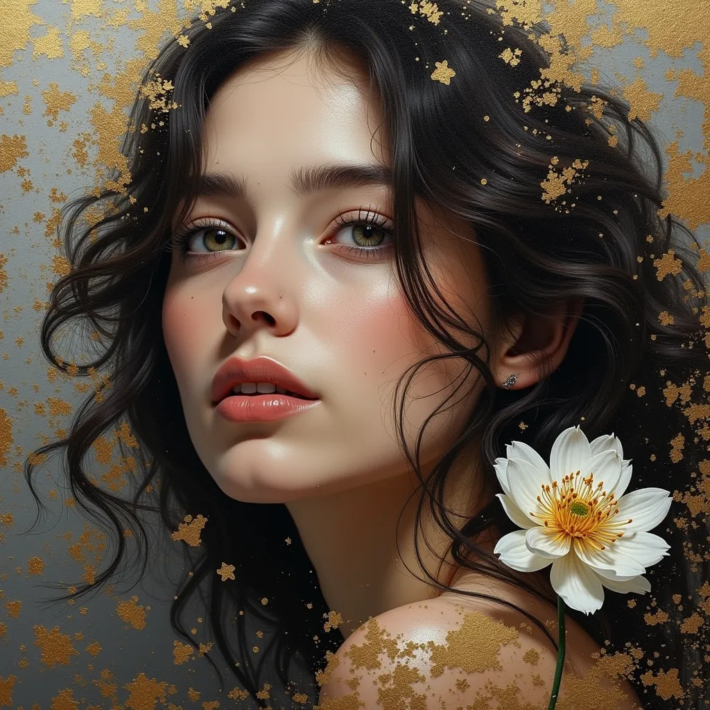 Perfect and detailed realistic background for women's day in HD, half black and white and half color of a painting made with gold and silver blurred brush strokes, artistic style effect and mystical effects around, image of mimosa and a beautiful brunette ...