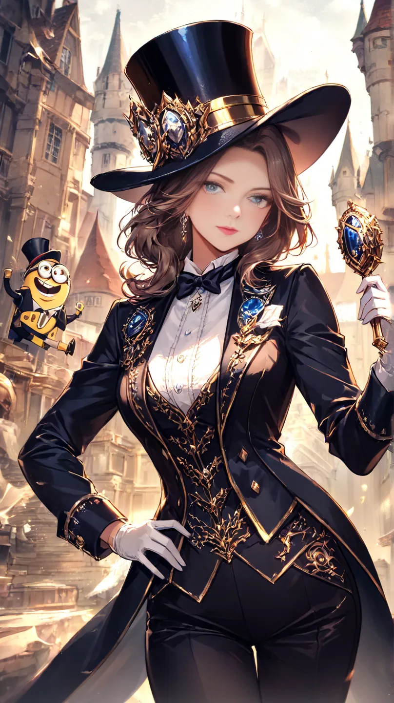 not clear(  TOP QUALITY、  masterpiece、  High Resolution)、((1 person)), Medieval European Style Mansion,Despicable Me,(woman, Gold,semi-long, beauty, tuxedo,top hat,オペラマスクをしているwoman,)cowboy shot, 