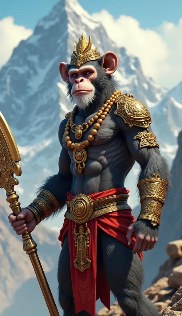 A highly detailed and muscular humanoid monkey warrior with divine golden jewelry, a golden crown, red traditional cloth wrapped around his waist, holding a large, ornate golden mace, calm and powerful expression, white fur on cheeks, wearing sacred beads ...