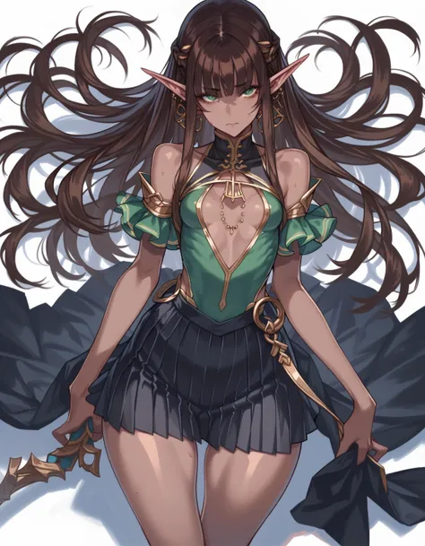 score_9, score_8_above, score_8, 1 , (small breasts),   medium hips,   medium thighs,looking at the viewer,long blond hair with fringe,green eyes, Elf Ears,Black School Clothes,dark brown skin.