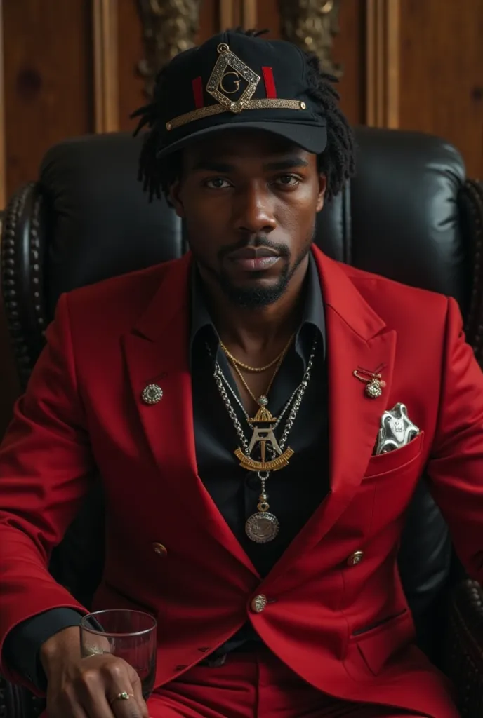 I need hd photo of black handsome men with chocolate colour looking straight with nomal smile black hair wearing red suit with masonic compass Ruler and letter G on his suit also wearing three silver chains with masonic logo compass Ruler and letter G seat...