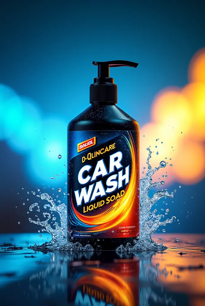 Create a product label that has bright colors with auto or car theme and with the name D-QLINCARE Car Wash liquid soap