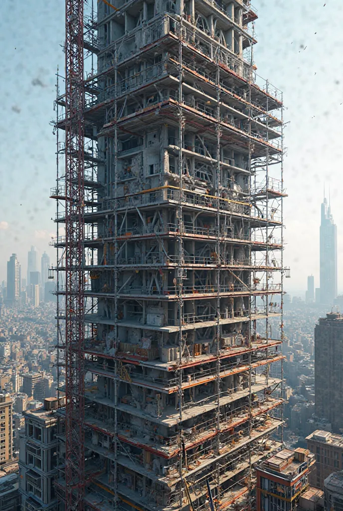  3D realistic  partially constructed skyscraper surrounded by scaffolding,  The structure displays one floors,  with steel framework exposed in details, . Render with Imax preset 