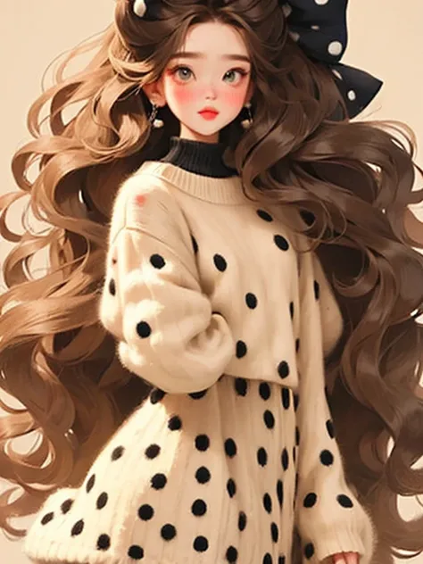 (masterpiece, best quality:1.2),  A beautiful girl ，Skin detail processing，The eyes are finely described，delicate hair，long wavy hair， long light hair， Wear a large bow on the head ， black sweater，white dots ，skirt， Contrasting retro colors ，clean backgrou...