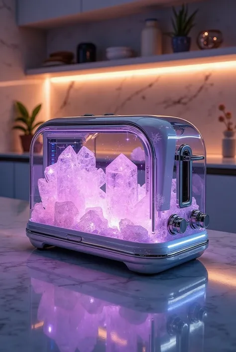 A futuristic, luxurious toaster crafted with a transparent glass-like shell, infused with glowing crystalline formations inside. The toaster features sleek metallic edges with polished chrome or brushed aluminum accents, giving it a high-tech yet elegant a...