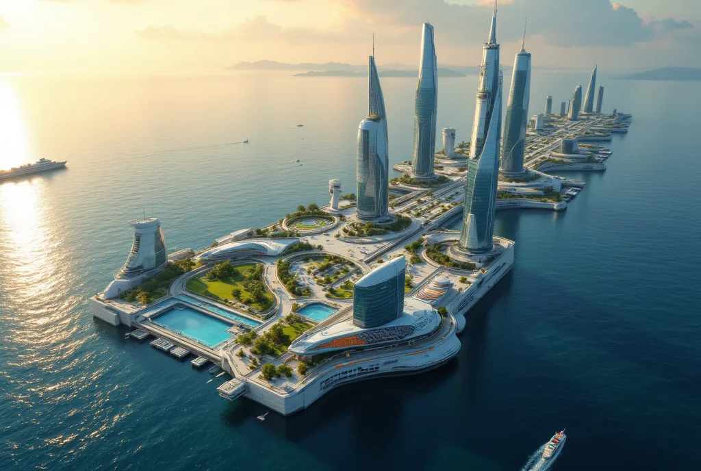 {{A ((stunning and intricately designed)) depiction of {((a sprawling futuristic city floating gracefully on a vast, reflective ocean))}}} with {((towering glass skyscrapers, elevated walkways above the water, sustainable floating platforms, and advanced m...