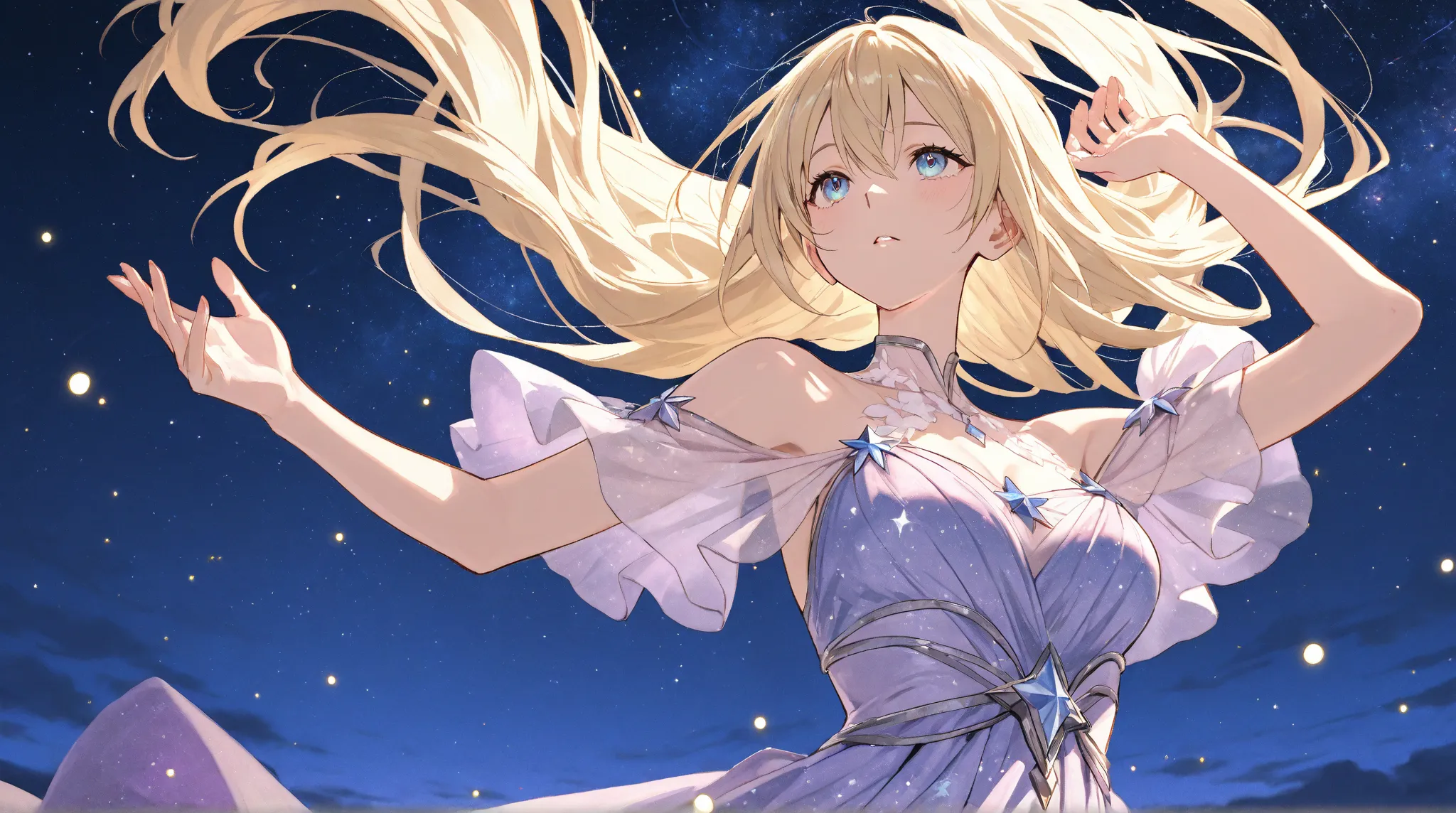  sky full of stars　Diamond Star　Shining　 Fantastic　 is dazzling　Sad　Stars fall on the night sky　 look up at the night sky 　Find constellations　dress　adults　blonde long hair 