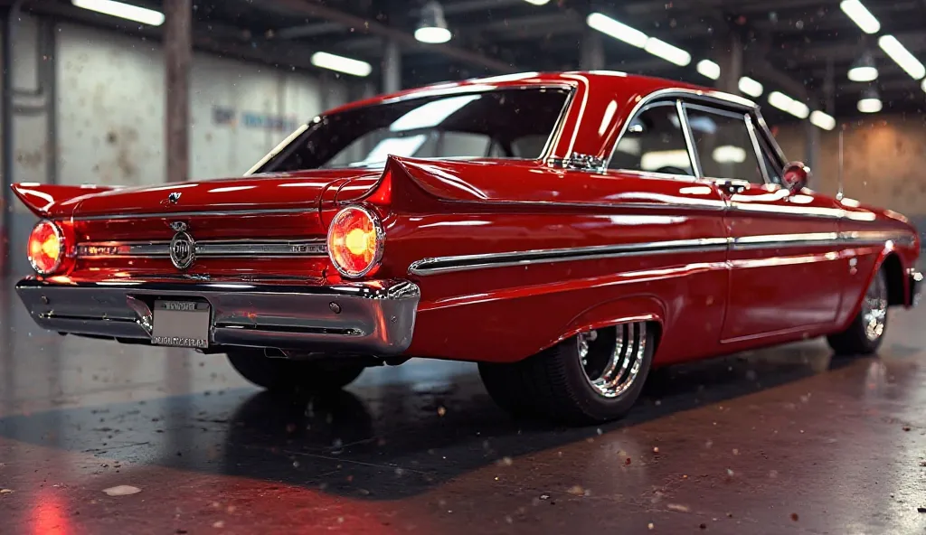 Create a 3d render (back eft side) review car design  ) 1963 ford falcon futura “(red ) colour with a “(ford) ” logo on back. “ on its  back end look. and Headlights“in pure glossy black with ultra detailed glossy shining image captured from  (back left si...