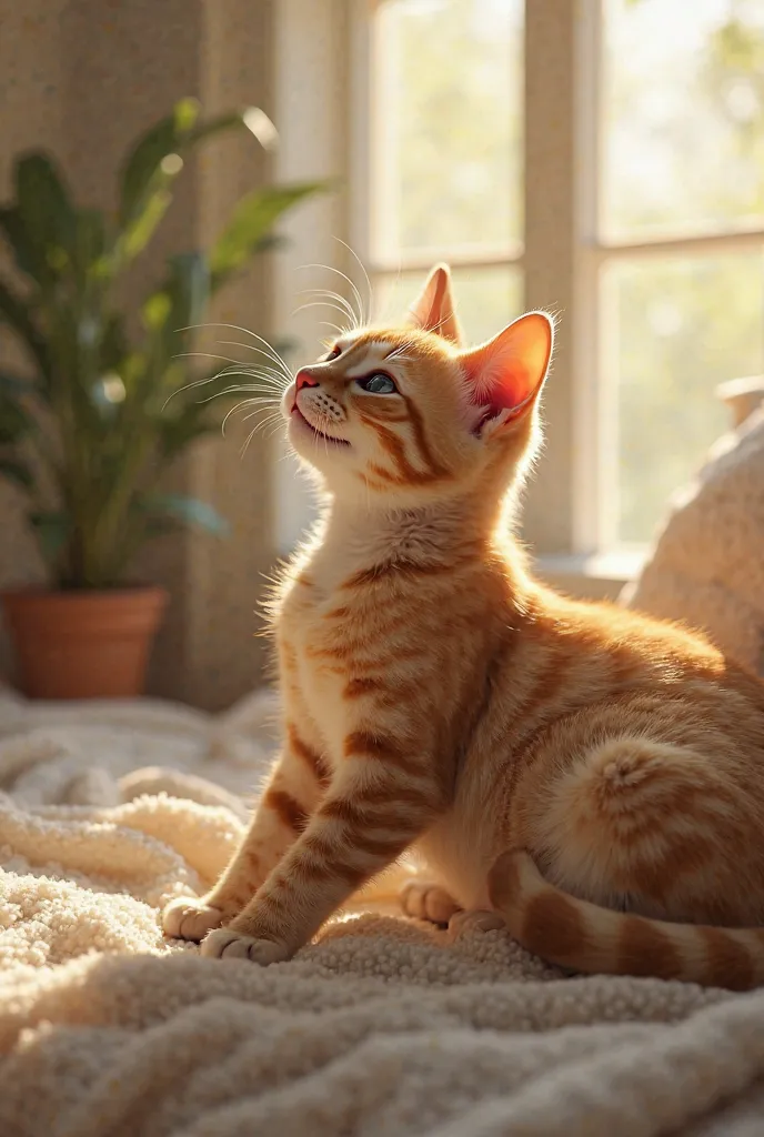 Image: The cat stretching and yawning.)
Narration: “My day begins with a stretch, a yawn, and a very important mission… finding the best sunny spot for a nap.” i want above same cat picture