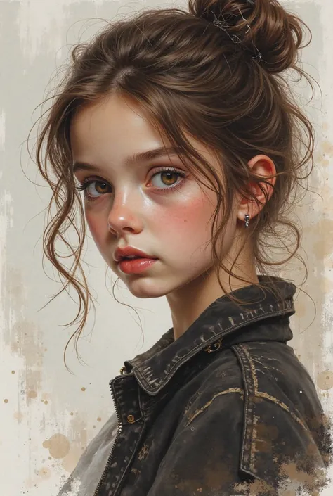 Barbara Palvin aged 11 with very very young a young  in a transparent watercolor painting style, Eyes safe and   focus  ed .,faire preuve de prudence、 dangereux: 。Ses mouvements sont agiles、   focus  ,   Hidden in clothes 。Être dans un environnement sombre...