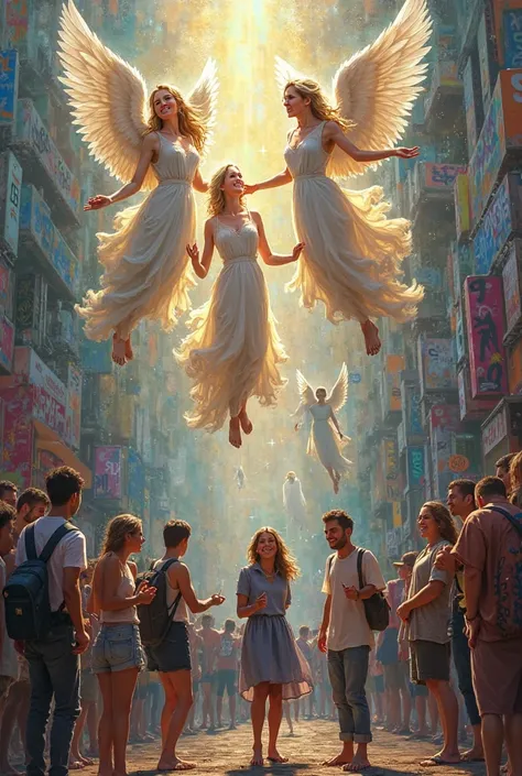 Graffiti of angels descending from heaven people being fed smiles tears 