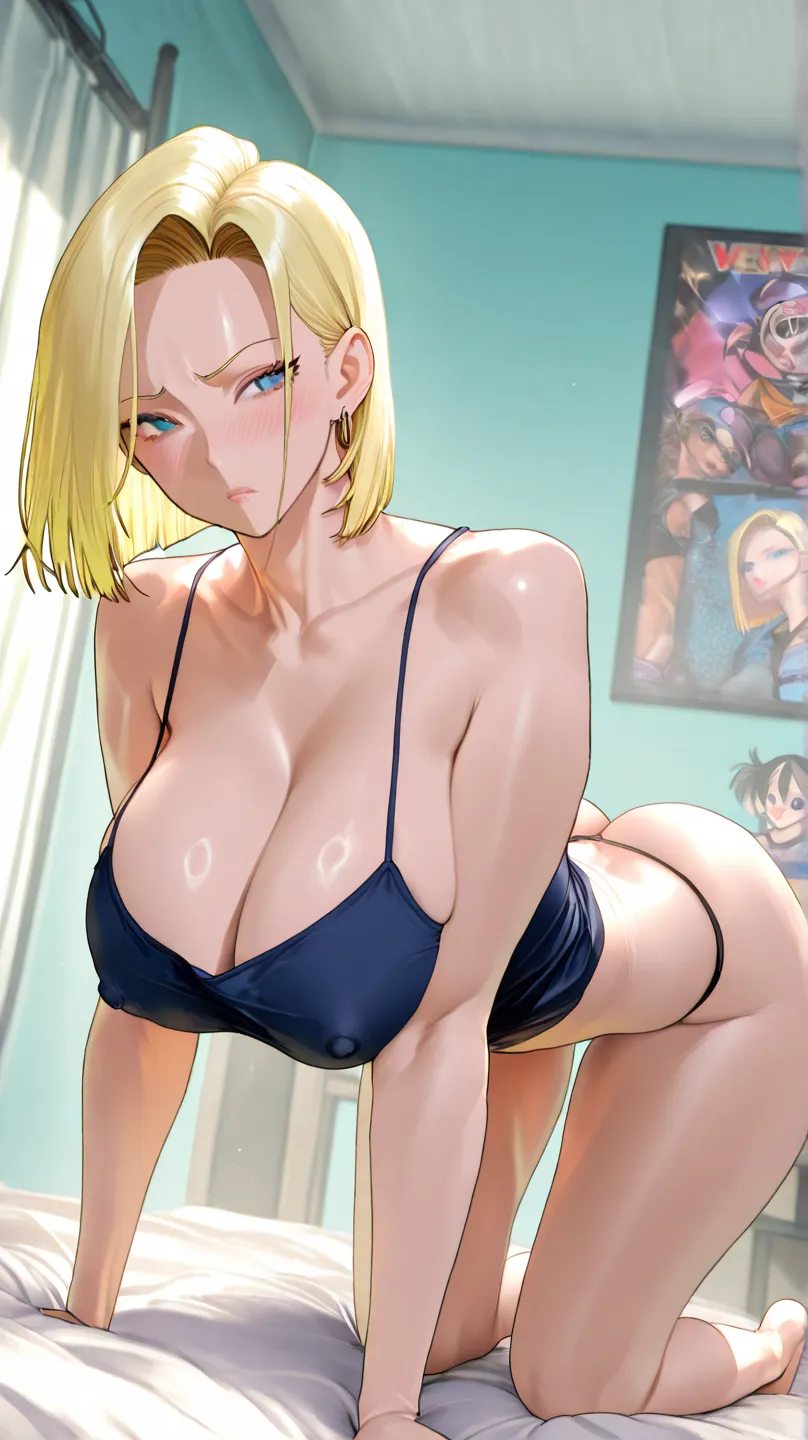 We ,32K、 Limited edition 、 TOP QUALITY、Original Works、Detailed View、 detailed eyes 、detailed face、 detailed lips on the butt 、 alone、beauty、Big Breasts、Dragon Ball characters、 Android 18、 in underwear、Black、Stunning Hair   、active、big areolas、stand up、Don&...