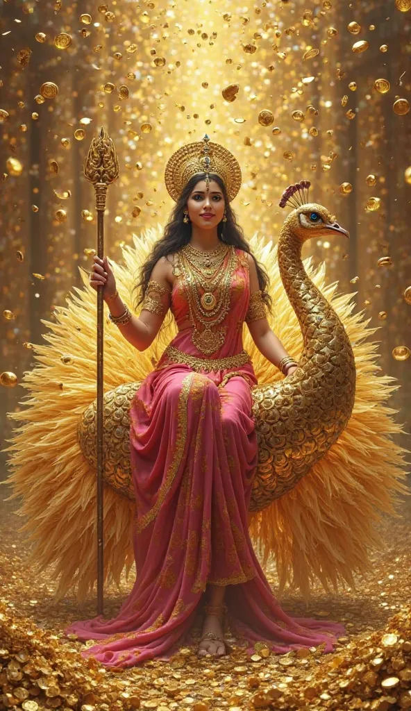 "A highly detailed and realistic image of a goddess sitting gracefully on a golden peacock. The goddess has the appearance and style inspired by traditional Hindu goddess imagery, similar to the original reference image. She has a calm and divine expressio...