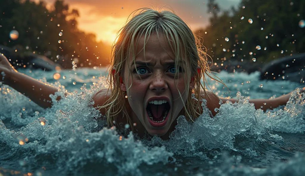 A gripping, realistic scene of a terrified girl with dripping blonde hair, her mouth open in a desperate scream as she’s forced underwater in a wild, dark river by a menacing, shadowy man. The water churns with violent splashes, painted in deep blues and b...