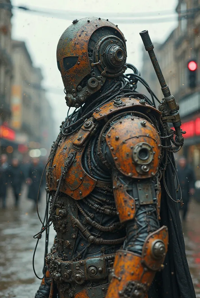 mechanical Cyborg movie photo (rastaman), Marche((( steampunk))), rusty armor, old metal, robot, (((corps entier visible))), son, realistic, effrayant, effrayant, cables, arrière-plan de ville post-apocalyptique, regardant le spectateur, portrait, photogra...