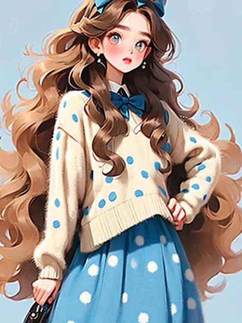 (masterpiece, best quality:1.2),  A beautiful girl ，Skin detail processing，The eyes are finely described，delicate hair，long wavy hair， long light hair， Wear a large bow on the head ， black sweater，white dots ，skirt， Contrasting retro colors ，clean backgrou...