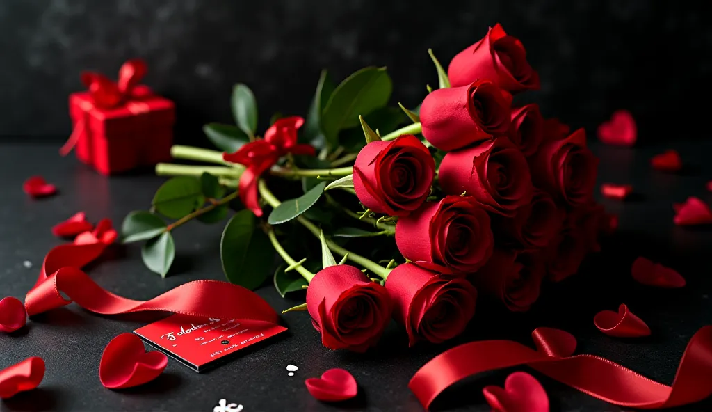 The image presents a romantic composition, very well organized and full of details. On a dark surface with a texture that resembles polished stone or cement, there is a beautiful bouquet of vibrant red roses. The roses are in full bloom, with velvety petal...