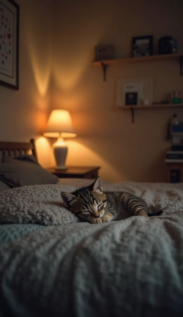 Inside a quiet animal shelter room, a small kitten sleeps peacefully on a cozy bed. A dimly lit lamp in the corner casts a soft glow, making the space feel warm and safe. The gentle ambiance suggests a new beginning, a moment of peace after hardship. The w...