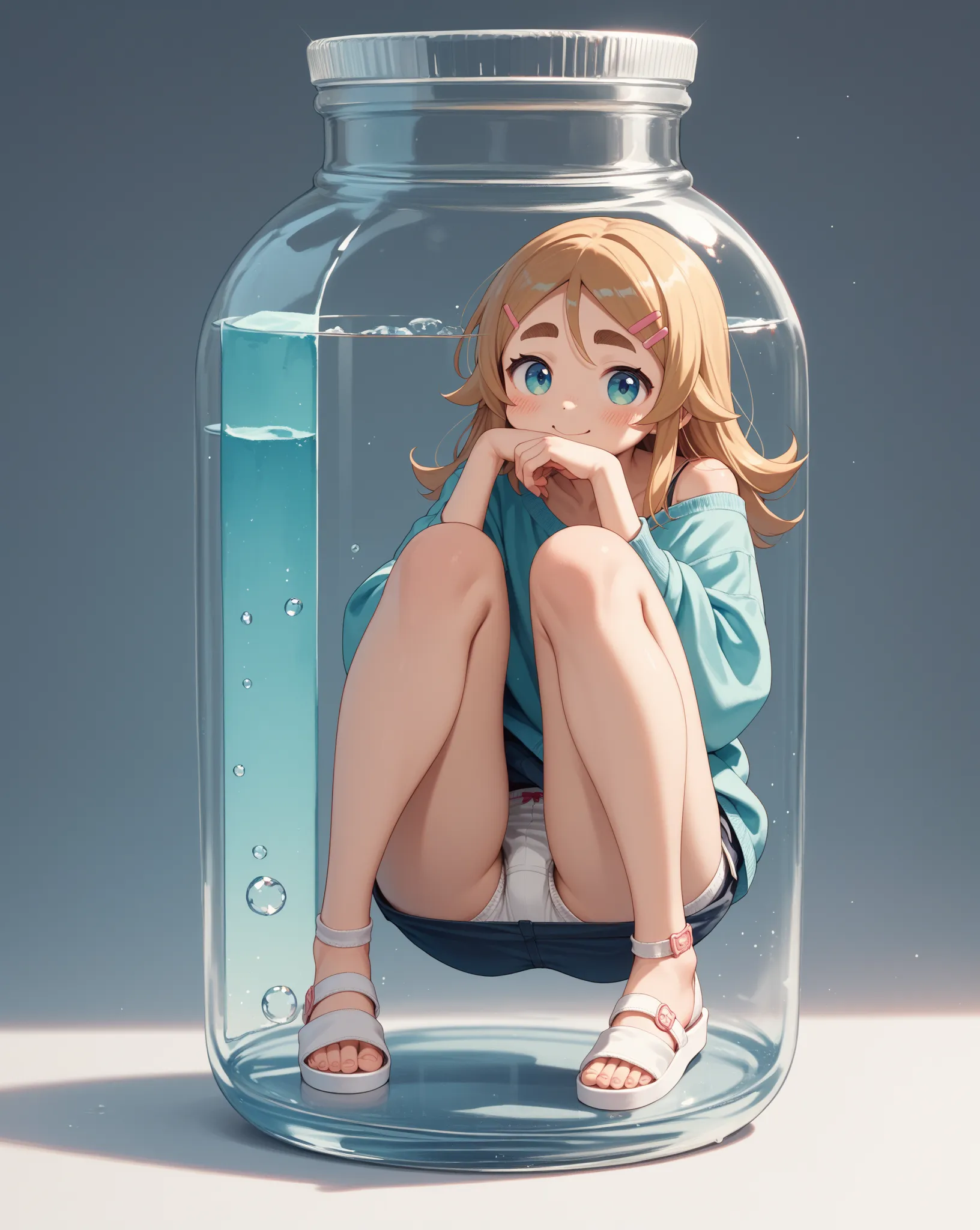 kawaii anime , petit girl , Thick eyebrows , sit down , knees up , glass Morphism , The world seen through bottle , closeup bottle , in the huge bottle , panty , Shoulder , flank