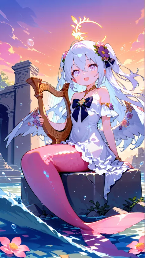azusa \(blue archive\), 1girl 1other alternate_costume, angel_wings, bare_shoulders, blush, collarbone, feathered_wings, flower, hair_between_eyes, halo, long_hair, looking_at_viewer, small_breasts, pink_flower, pink_rose, purple_eyes, rose, solo_focus, ve...