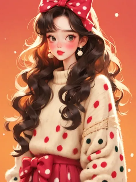 (masterpiece, best quality:1.2),  A beautiful girl ，Skin detail processing，The eyes are finely described，delicate hair，long wavy hair， long light hair， Wear a large bow on the head ， black sweater，white dots ，skirt， Contrasting retro colors ，clean backgrou...