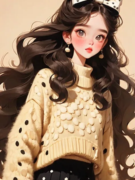 (masterpiece, best quality:1.2),  A beautiful girl ，Skin detail processing，The eyes are finely described，delicate hair，long wavy hair， long light hair， Wear a large bow on the head ， black sweater，white dots ，skirt， Contrasting retro colors ，clean backgrou...