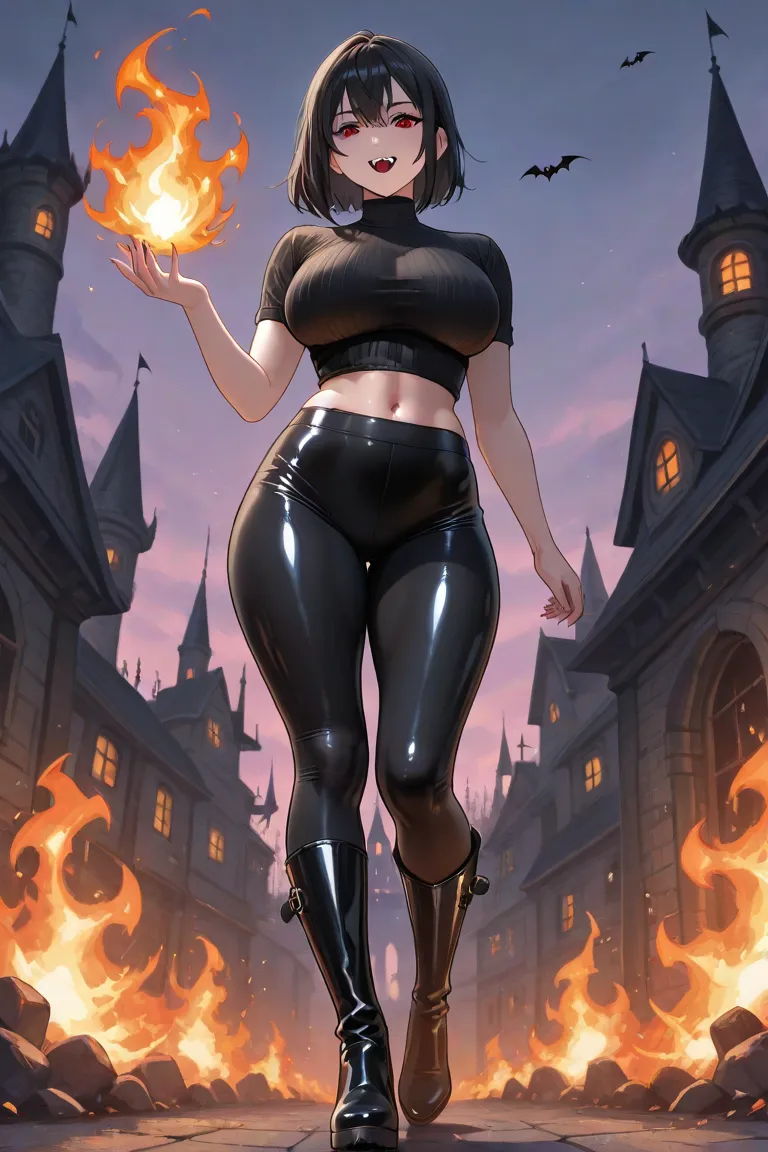 Black hair by her neck, black short sleeve sweater to reveal the navel, with black shorts and black leggings boots, selfish appearance, burning castle, large breasts, very tight clothes, sexy clothes, anime, latex clothing, tape, knee-high boots, girl vamp...