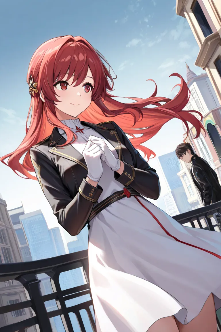 ((masterpiece,best quality)), 8k Wallpaper,1 girl, long hair, red hair, Alone,  dress, red eyes, watching viewers,  Long Sleeve, standing, building, white  dress, gloves, hair accessories, BLACK JACKET, smile, floating hair with hands, Dutch angle, closed ...