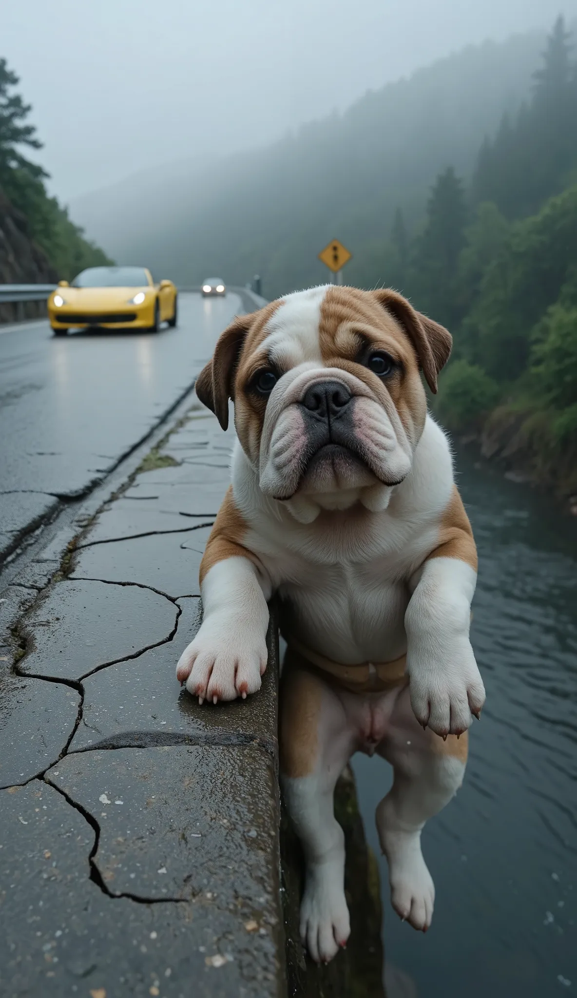 Ultra-realistic image of a small, helpless bulldog puppy hanging on the edge of a wet, cracked concrete bridge on a foggy, rainy day. The bridge is high up in a mountainous area. The puppy's paws are gripping the rough surface, his body dangling over a riv...